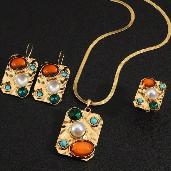 ✨ Gold Multi-Gem Statement Jewelry Set – Necklace, Earrings & Ring ✨ - Picture 6 of 10